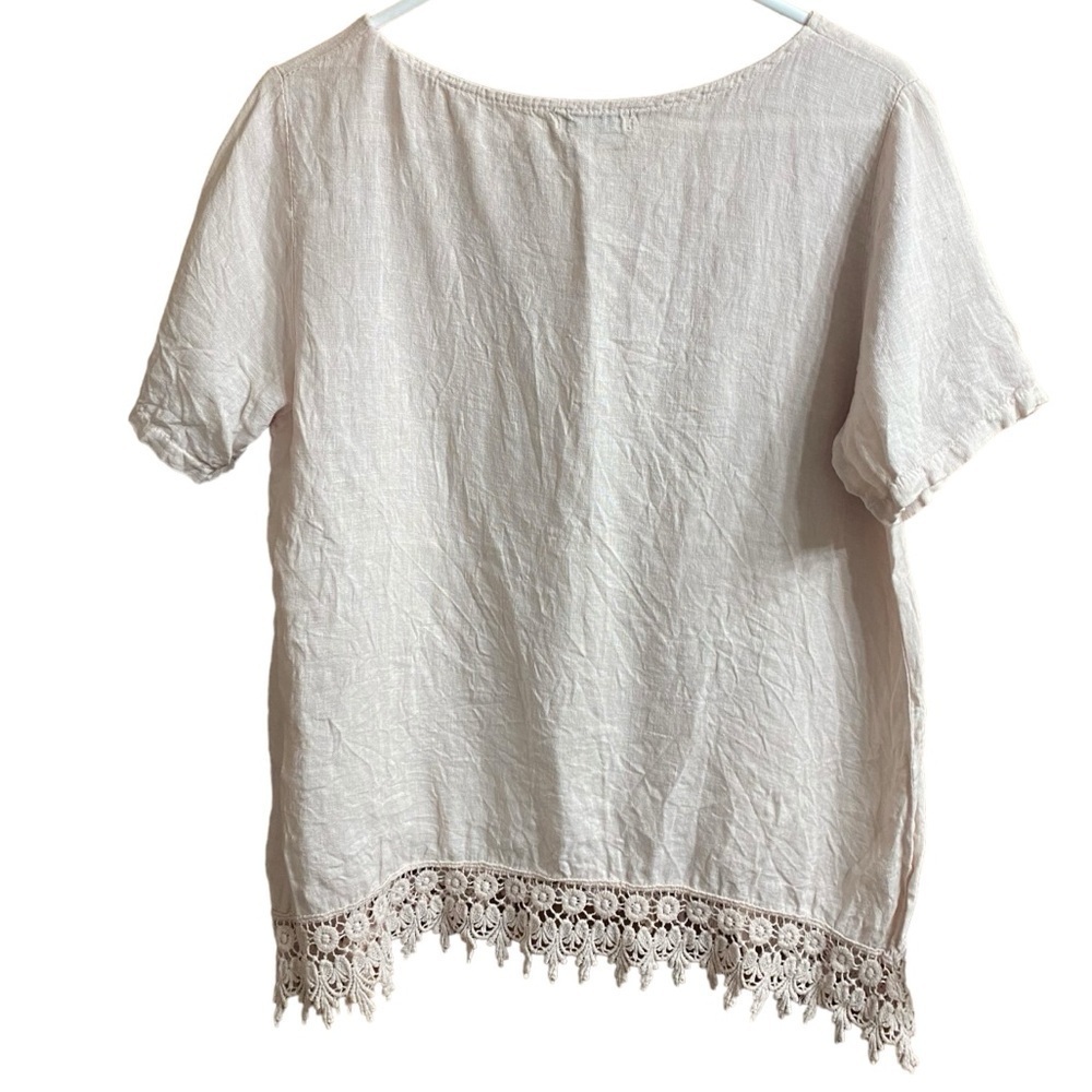 Terzo Millennio Cream Lagenlook Linen Crochet Hem Short Sleeve Blouse Top Size M - Picture 3 of 7